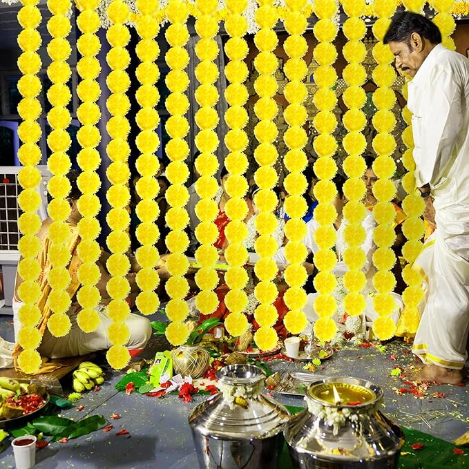 Giegxin 15 Pack Marigold Garland for Decoration 5 ft Long Strands Faux Artificial Marigold Flowers for Dia De Los Muertos Diwali Indian Wedding Party Decorations(Yellow)