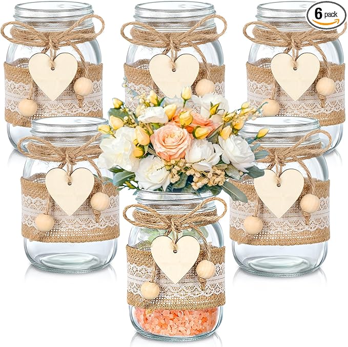 Mumufy 6 Sets Mason Jar Table Centerpiece with Lace Sleeves and Heart Shaped Hemp Rope Rustic Mason Jar Vases Reception Engagement Party Bridal Shower Centerpieces Wedding Table Decorations