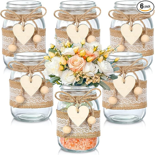 Mumufy 6 Sets Mason Jar Table Centerpiece with Lace Sleeves and Heart Shaped Hemp Rope Rustic Mason Jar Vases Reception Engagement Party Bridal Shower Centerpieces Wedding Table Decorations
