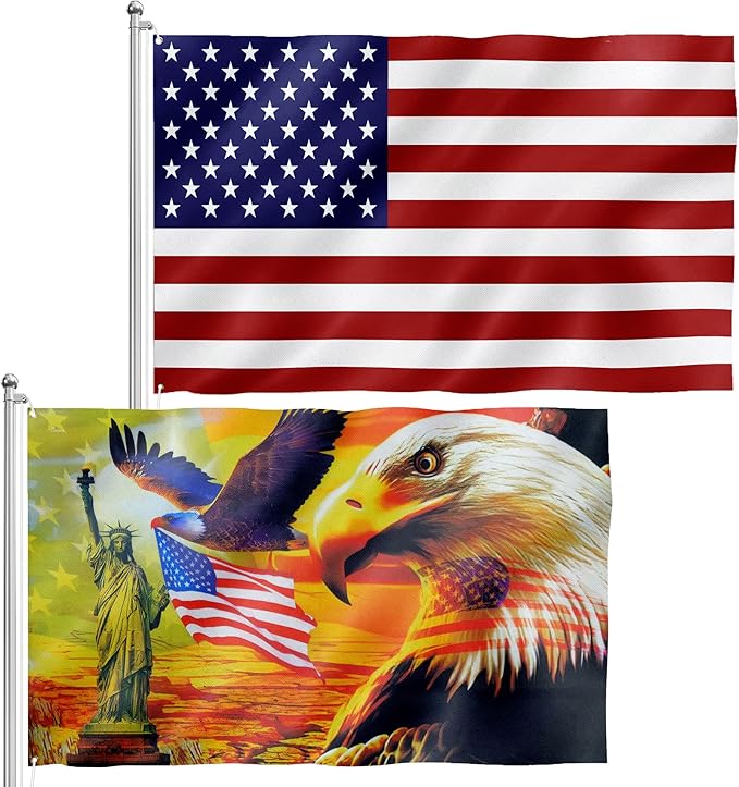 FLAGWIX Combo Pack: USA American Flag 3x5 Ft + Patriotic Eagle Flag 3x5 Outdoor Decor with Grommets Heavy Duty Double Sided Canvas Fabric Flag - American Sunset Art Decoration for Wall, Porch, Yard