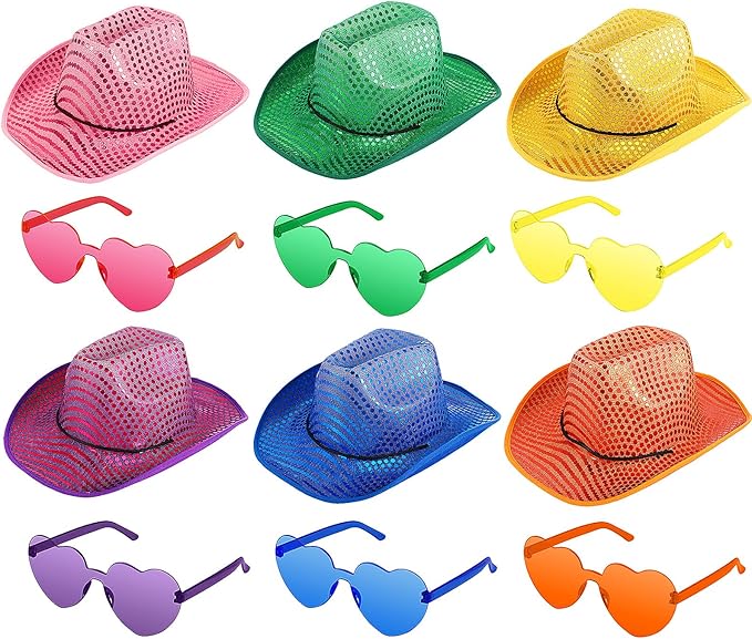 Bonuci Sequin Glitter Cow Hat and Funny Rimless Sunglasses Sparkly Party Favor for Women Men