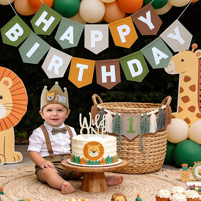 DCJHFJ Wild One High Chair Banner Brown Green Felt Happy Birthday Banner Pre-Strung Jungle Safari Birthday Party Decorations For 1st Boy Party Backdrop