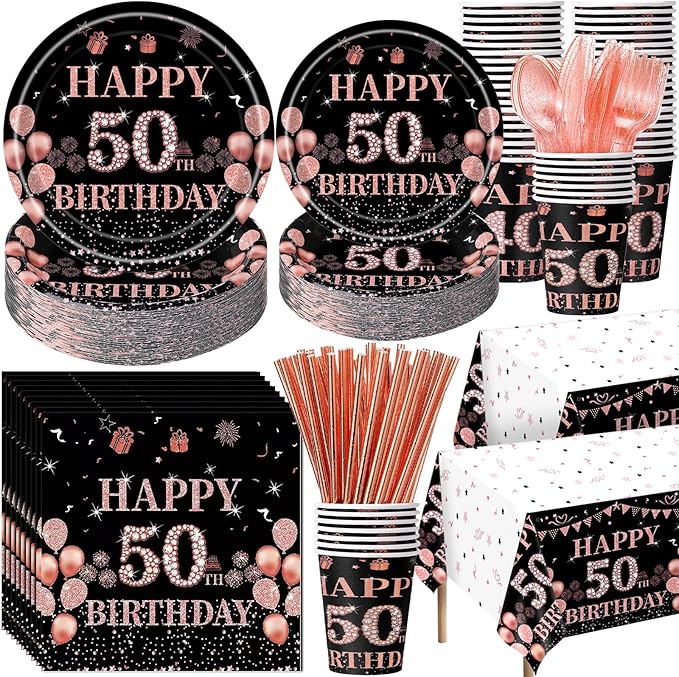452 Pcs 50th Birthday Decorations for Women Black and Rose Gold 50th Birthday Paper Plates Cups Napkins Tablecloth Cutlery Straws for Girls Women 50 Year Old Party Supplies for 50 Guests