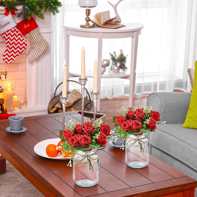 XunYee 10 Set Mason Jar Table Centerpiece with Flower Mason Jar Flower Centerpiece Vases Decor for Engagement Party Bridal Shower Centerpieces Wedding Reception Table Decor(Red Rose)