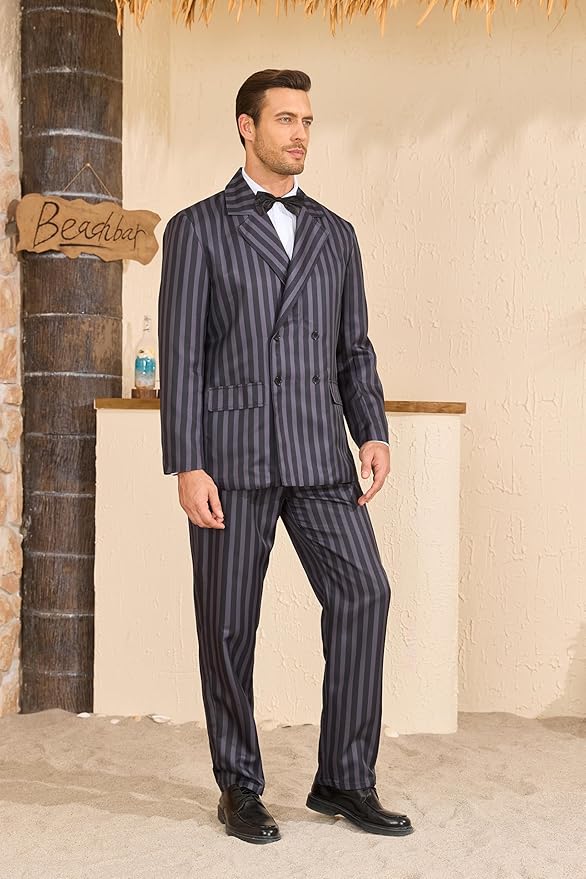 Men's 1920s Gangster Costume Wig Pinstripe Suit Blazer Jacket Shirt Pants Set with Necktie Halloween Cosplay Outfits