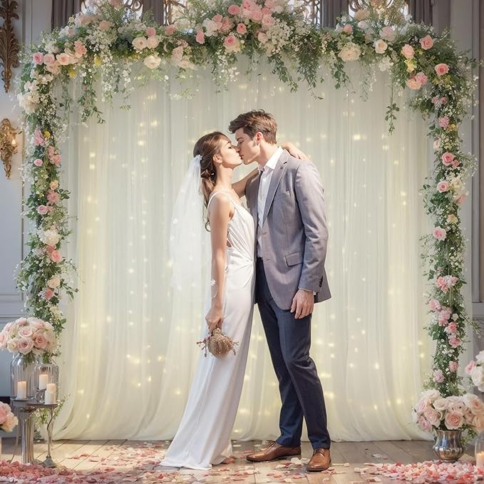 30x10ft Ivory Tulle Backdrop Curtain with Lights String for Parites, Sheer Photo Backdrop Curtains with lights for Wedding Backdrop Ceremony Reception Bridal Shower Baby Shower Birthday Party