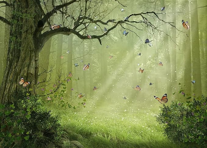 BELECO Fairy Tale Forest Backdrop 12x10ft Fabric Jungle Forest Sunsine Butterflies Background Enchanted Forest Nature Woodland Backdrop Baby Shower Birthday Party Decor Banner Kids Adults Photoshoot