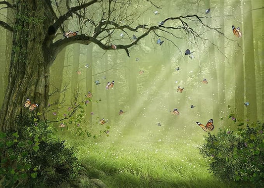 BELECO Fairy Tale Forest Backdrop 10x6.5ft Fabric Jungle Forest Sunsine Butterflies Background Enchanted Forest Nature Woodland Backdrop Baby Shower Birthday Party Decor Banner Kids Adults Photoshoot