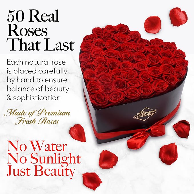 GLAMOUR BOUTIQUE 50 Flower Forever Heart Shape Box, Eternal Preserved Roses Gift for Her, Lasting Flowers, Grand Floral Heart Arrangement for Birthday, Anniversary Valentine’s Day, Red (Color-Treated)