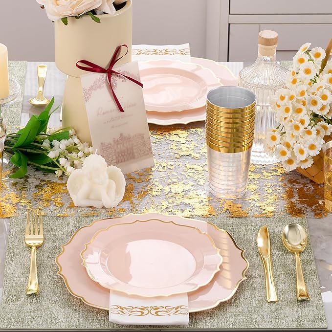 350 PCS Pink Disposable Plates, Scalloped Dinnerware Set for 50 Guests, 100 Plastic Plates, 150 Silverware, 50 Cups & 50 Paper Napkins, Pink