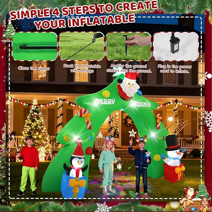 12 FT Santa's Candy Tree Arch Outdoor Inflatable with Rotating LED Colorful Lights for Christmas Holiday Party Decoration, Winter Garden Decoration