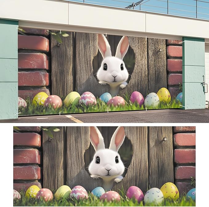 Easter Bunny Peeking Through Fence Garage Door Banner 7x16FT, Cute Bunny & Colorful Eggs, Outdoor Spring Decoration for Easter & Holiday Season