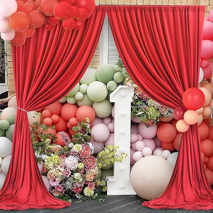 40ft×8ft Red Wrinkle Free Backdrop Curtains for Parties, 8 Panels 5×8ft Soft Silky Photo Backdrop Drapes for Wedding Birthday Party Baby Shower Mother's Day Red Themed Party Photography