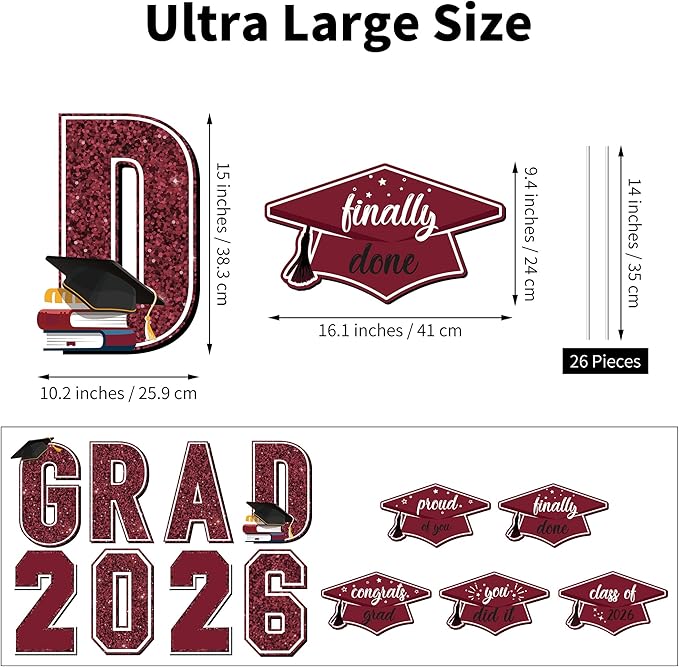Aneco Waterproof 2026 Grad Yard Signs Plastic Graduation Yard Signs Party Outdoor Lawn Decorations 16 Inches Glitter Congrats Grad Lawn Sign with Stakes for Outdoor Party Garden Decor (Maroon)