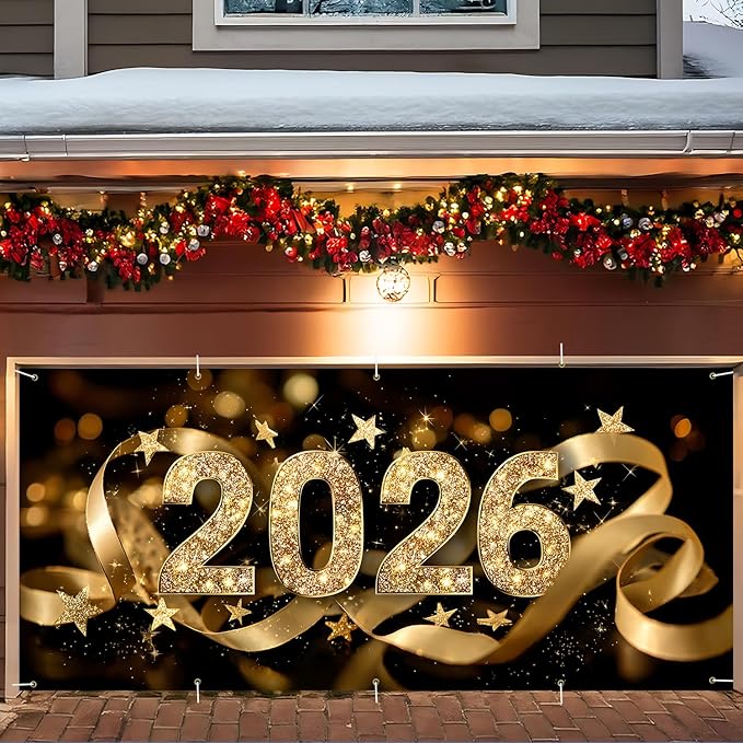 2026 New Year Garage Door Banner 7x16FT, Gold Glitter 2026 Garage Door Cover, Large Outdoor Happy New Year Decoration Backdrop for Garage Doors, Fence, Yard Party