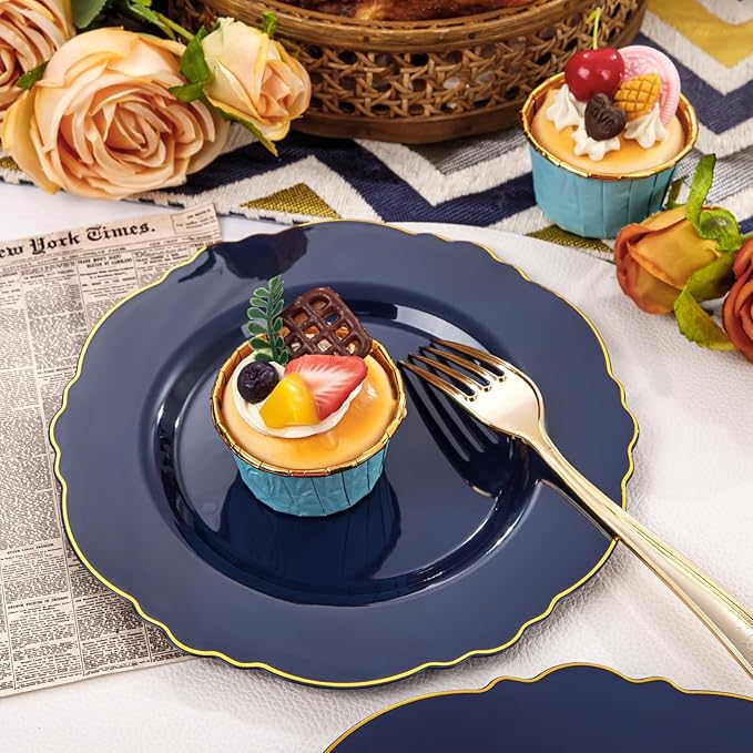 WDF 100pcs Blue Plastic Plates - Baroque Blue&Gold Disposable Plates for Parties/Wedding-50Plastic Dinner Plates 10.25in, 50Salad Plates 7.5in for Party/Birthday/Wedding