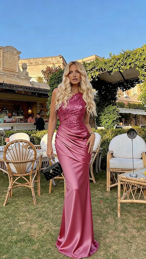 Sparkly Sequins Mermaid Prom Dress 2026 for Women Long Satin One Shoulder Asymmetrical Pleated Formal Evening Gown