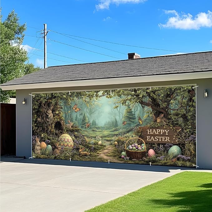 Happy Easter Woodland Scene Garage Door Banner 7x16FT, Bunny & Colorful Easter Eggs Garage Door Cover, Outdoor Spring Decor for Yard, Garage & Front Door