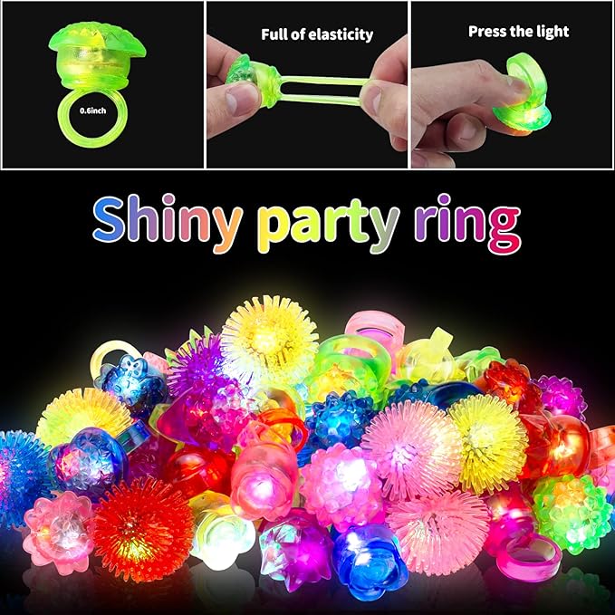 65 Pack Light Up Rings Glow in The Dark Party Supplies, Glow Rings Bulk Party Favors for Kids Adults, LED Colorful Rubber Ring Surprise Gifts for Birthday Christmas Halloween Party Decorations