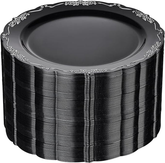 DaYammi 60PCS Black and Silver Plastic Plates, Heavy Duty Black and Silver Disposable Plates Premium 10inch Dinner Plate Hard Plastic Plate Disposable for Party and Wedding