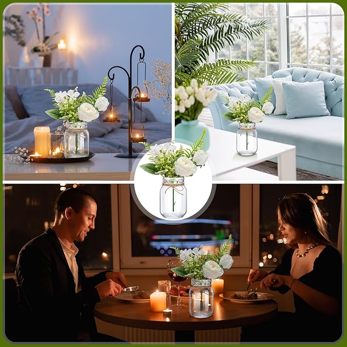 XunYee 10 Set Mason Jar Table Centerpiece with Flower Mason Jar Flower Centerpiece Vases Decor for Engagement Party Bridal Shower Centerpieces Wedding Reception Table Decor(Rose)