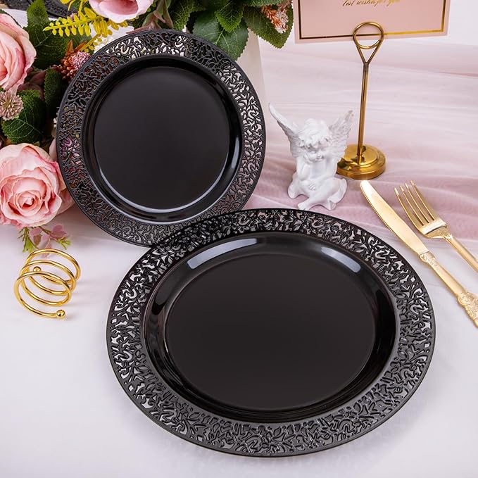 U-QE 150PCS Black Plastic Plates with Gold Plastic Silverware, Black Plates Disposable for Party Include 30 Dinner Plates 10.25", 30 Salad Plates7.5", 30 Forks, 30 Knives, 30 Spoons