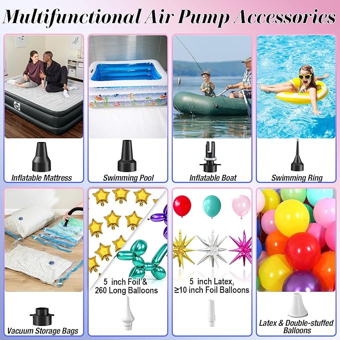Electric Balloon Pump, 3-in-1 Portable Air Pump for Inflatables and Balloons, Dual Nozzle Balloon Blower Machine for Latex 260q Foil Balloons 110V Inflator Deflator for Pool Floats Air Mattress
