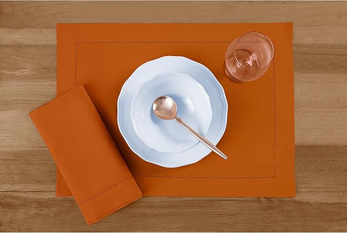 Solino Home Cinnamon Cotton Linen Napkins Set of 4 - Hemstitch Dinner Napkins 20 x 20 Inch - Handcrafted and Machine Washable