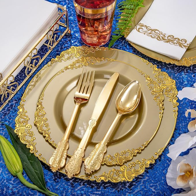 Morejoy 175PCS Solid Gold Plastic Plates with Gold Rim，gold disposable dinnerware sets Include 25 Dinner Plates,25 Dessert Plates,25 Cutlery Sets,25 Napkins Perfect for Party & Christmas