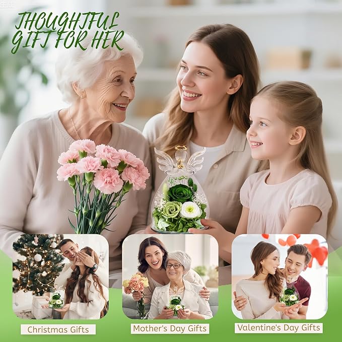 Birthday Gifts for Women Mom Preserved Roses in Glass Angel Figurines Fresh Flowers for Delivery Forever Flowers Eternal Rose Valentines Day for Grandma Sister Wife Her Daughter