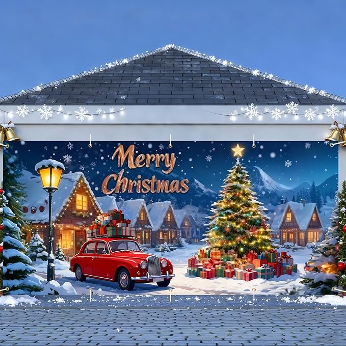 Merry Christmas Garage Door Banner 7x16FT Snowy Village Scene with Car & Tree, Holiday Garage Door Cover for Outdoor Xmas Decorations