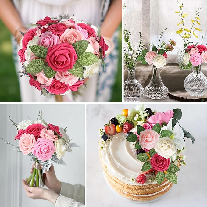 AmyHomie Artificial Flower Seriesa Red Rose 100pcs Real Looking Fake Roses w/Stem for DIY Wedding Bouquets Centerpieces Arrangements Party Baby Shower Valentines Day Christmas Tree Decorations