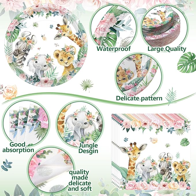 Pickmesh 400 Pcs Safari Birthday Party Supplies Include Pink Green Jungle Animal Disposable Paper Plates Napkins Cups Cutlery for Safari Jungle Wild Birthday Baby Shower Table Decorations Serve 50