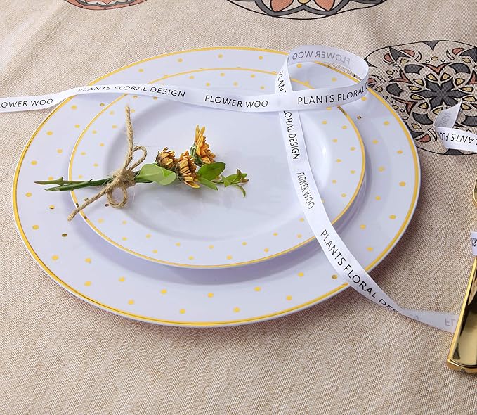 supernal 102pcs Gold Plastic Plates, White Disposable Plates with Gold Point Design, Party Plastic Dinnerware Suit for Wedding-51 Dinner Dishes 10.25" and 51 Dessert Tray 7.25"