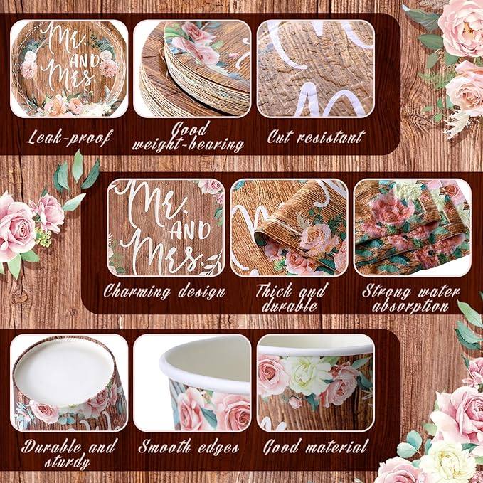 Zhehao 250 Pcs Retro Bridal Shower Plates Napkins Sets 50 Pcs 9'' Dinner Plates and 7'' Dessert Plate and 9oz Cups 100 Napkins Serves 50 Party Supplies Bridal Shower Engagement Decoration