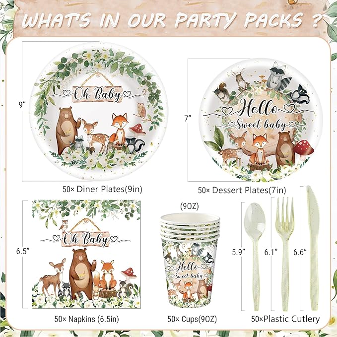 350 Pieces Woodland Baby Shower Decorations Set Serves 50 Guests, Forest Theme Party Supplies Tableware with Plates, Cups, Napkins, Disposable Tableware
