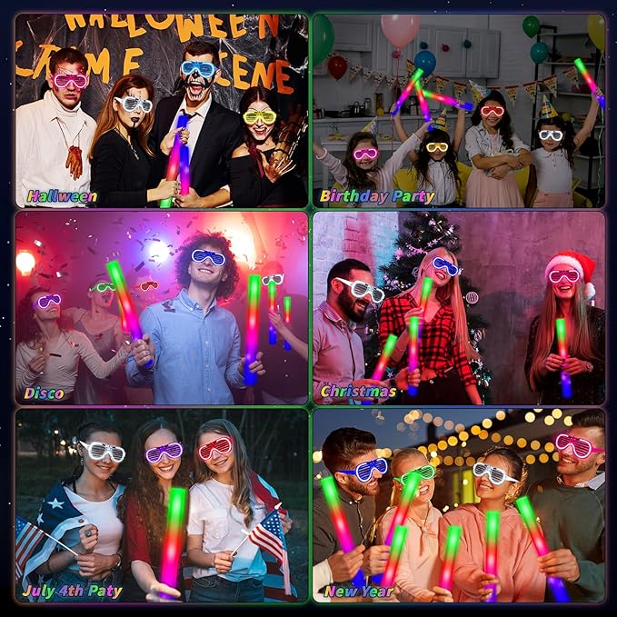 Glow in the Dark Party Supplies Set Bulk Neon Party Favor Toys Includes 30 Led Light up Glasses 10 Color 30 Light up Foam Sticks Bulk for Disco Wedding Birthday Concert Halloween Raves Party