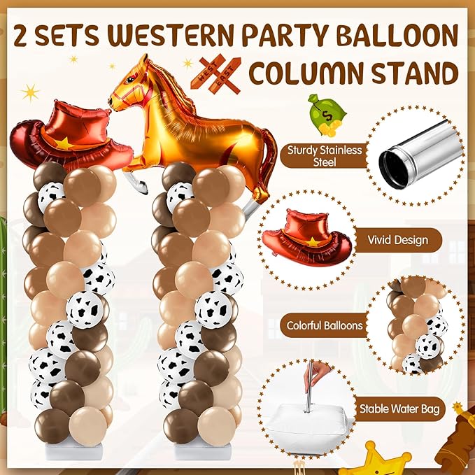 Kasyat 2 Sets Cowboy Birthday Party Balloon Column Stand Kit Western Party Decorations, Hat and Horse Foil Balloons Adjustable Stands for My First Rodeo Decorations Boy
