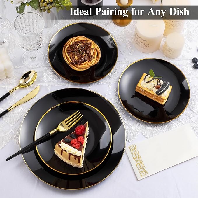 175 Pieces Black Gold Plastic Dinnerware Set, Gold Disposable Plates for Party, Include 50 Black Plates with 75 Plastic Cutlery, 25 Napkins and 25 Cups
