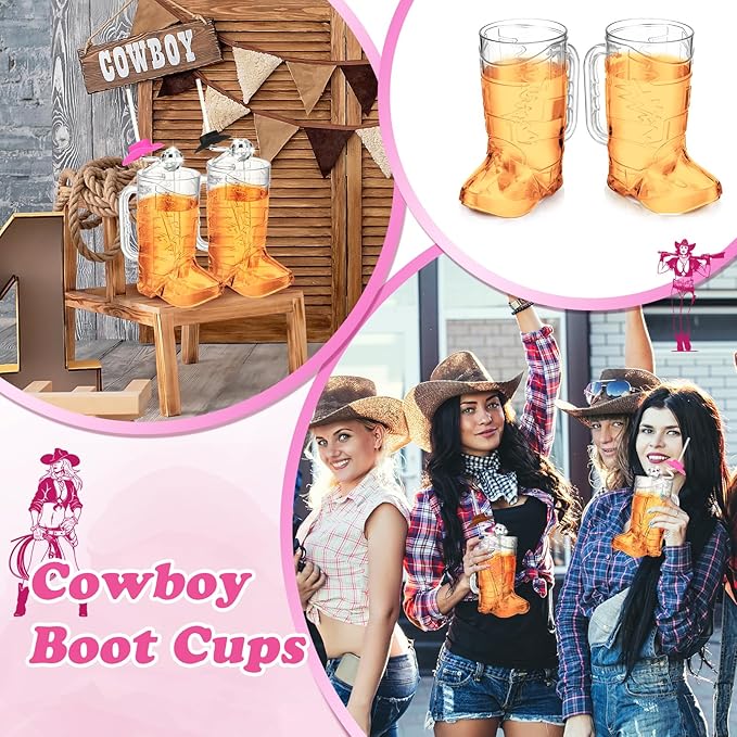 36 Pcs Cowboy Boot Glasses Bulk, 12 Cowboy Drink Mugs 12 Cowgirl Hat Straws 12 Mirror Disco Ball Stirrers for Western Theme Party Bachelorette Birthday Decorations(Clear)