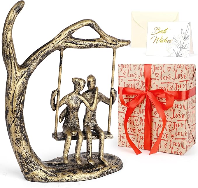 Anniversary Wedding Gifts for Couple/Her - Romantic Couple Statue in Love, Antique Gold Metal Figurine Sweet Loving Together Iron Sculpture Decor, Valentines Gifts for Her Wife Husband