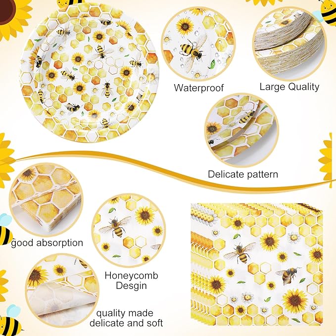 Pickmesh 400 Pcs Bee Sunflower Birthday Party Supplies Include Spring Summer Bee Disposable Paper Plates Napkins Cups Cutlery for Honey Bumble Birthday Baby Shower Party Supplies Serve 50