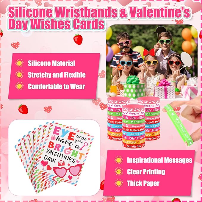 36 Set Valentines Day Gifts for Kids Heart Sunglasses with Valentines Cards Silicone Bracelet Wristbands School Classroom Exchange Gifts Party Favor for Girls Boys