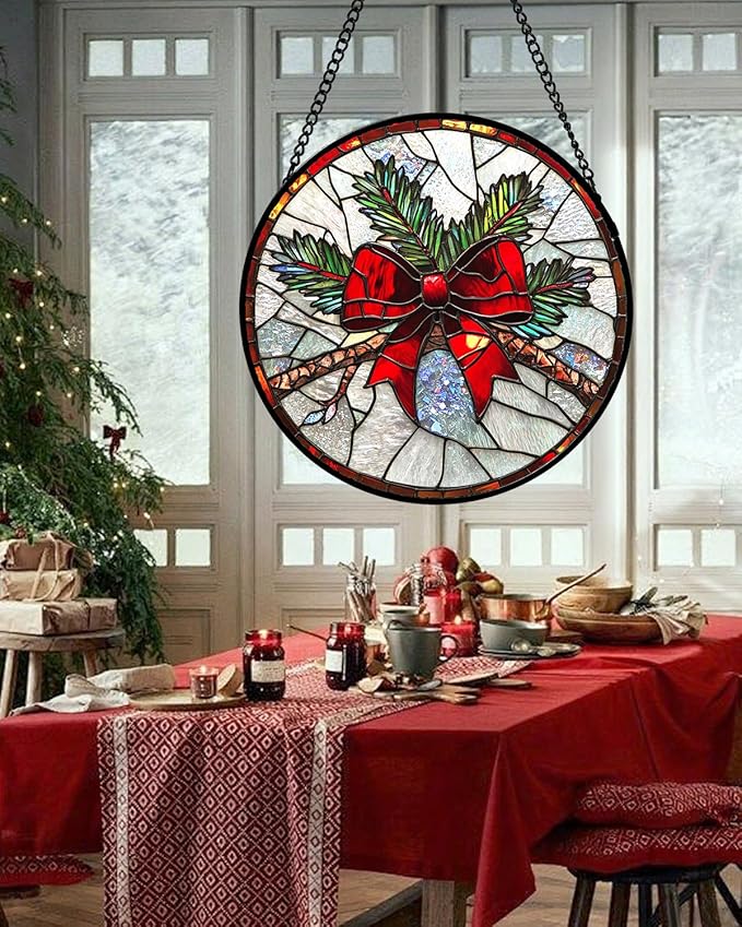 Stained Glass Window Hanging - Pine Branches Red Bow Suncatcher for Doors Home Christmas Decoration Silver Sun Catcher Thanksgiving New Year Birthday Gifts for Women Men Mom Nana 15 in