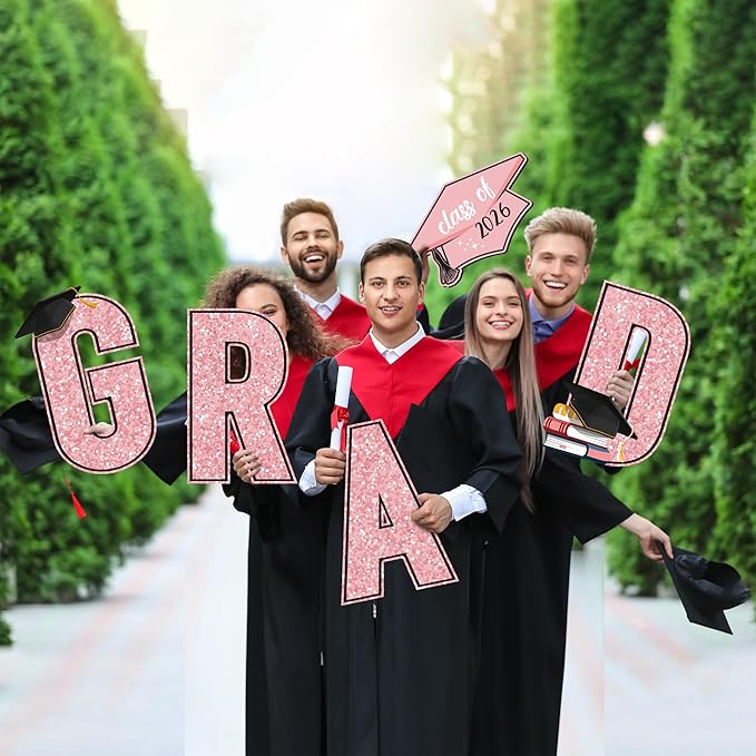 Aneco Waterproof 2026 Grad Yard Signs Plastic Graduation Yard Signs Party Outdoor Lawn Decorations 16 Inches Glitter Congrats Grad Lawn Sign with Stakes for Outdoor Party Garden Decor (Pink)