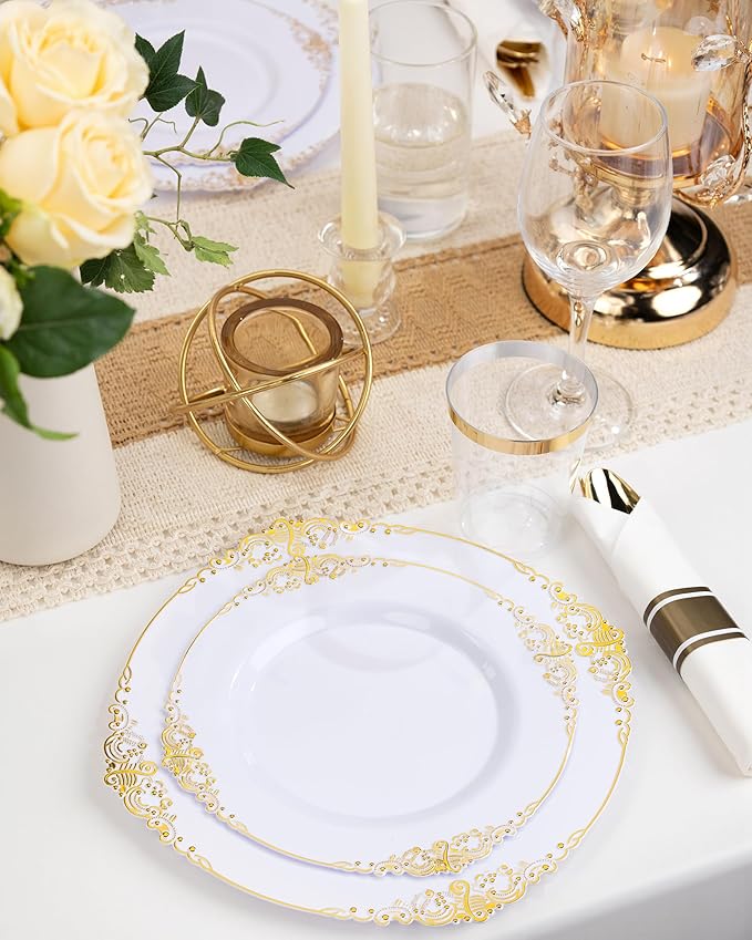 Nervure 350PCS Gold Plastic Plates - Gold Plastic Dinnerware Sets for 50 Guests - 100 Disposable Plates, 150 Silverware, 50 Cups, 50 Napkins for Wedding & Party