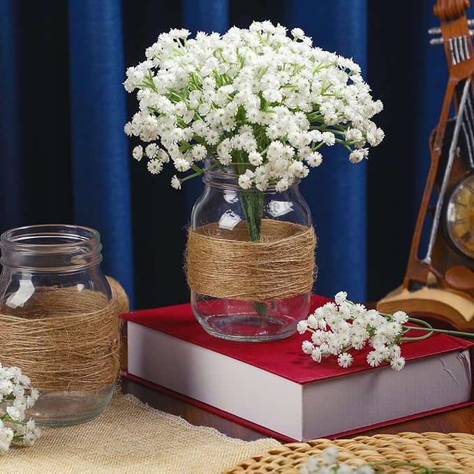43 Pcs/ 6 Set Babybreath Mason Jar Table Centerpiece Mason Jar Vases Faux Floral with Rope Boho Rustic Flower Table Decoration for Reception Engagement Party Bridal Shower Wedding