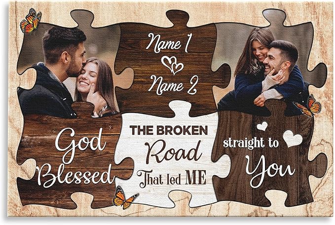 Dem Canvas Personalized Couple Canvas Prints, Custom Love Photo And Name, Puzzle Piece Frame God Blessed The Broken Road, Wedding Gifts For Couple Anniversary Engagement Gift For Couples
