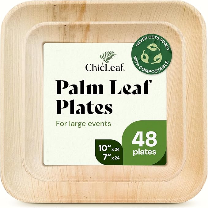Chic Leaf Compostable & Biodegradable Palm Leaf Disposable Bamboo Plates - Disposable Party Plates for Appetizers - Valentine's Romantic Dinner Table, Reusable Supplies (10 & 7 Inch Square)
