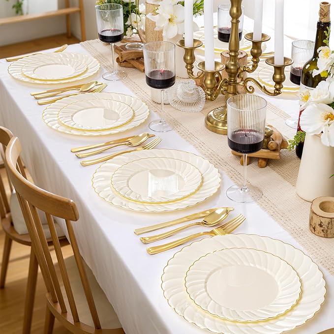 YOUBET 125PCS Scalloped Plastic Plates - Ivory Scalloped Disposable Plates - Gold Plastic Dinnerware Set Include 50 Plates, 75 Gold Silverware for Party & Wedding